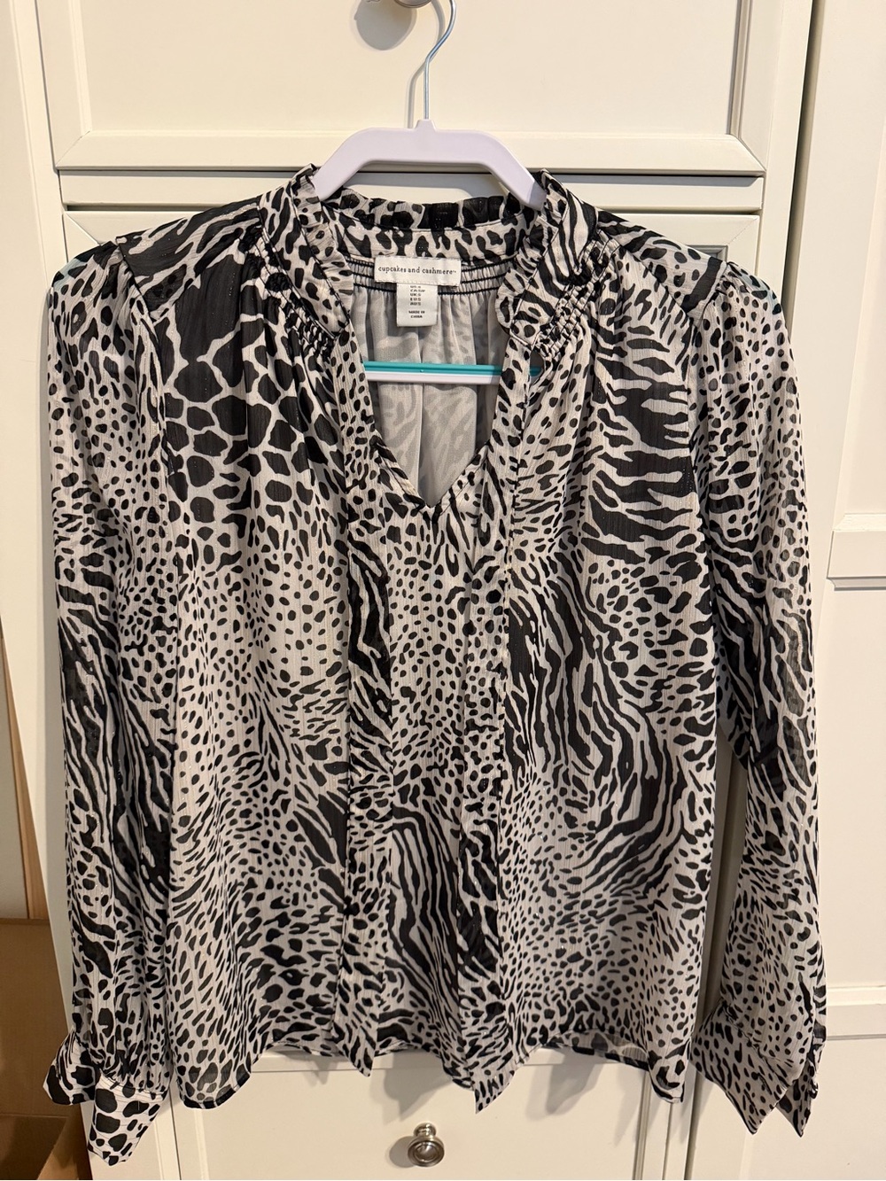 cupcakes & cashmere Black and White Animal Print Tie-Neck Blouse